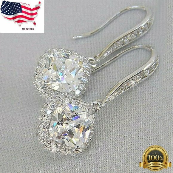 Silver Drop Earrings White Sapphire Jewelry A Pair - Picture 6 of 11